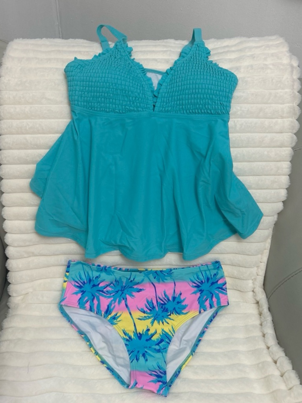 RIHOAS Aqua Tankini Top with Multicolor Palm-Print Bikini Bottoms